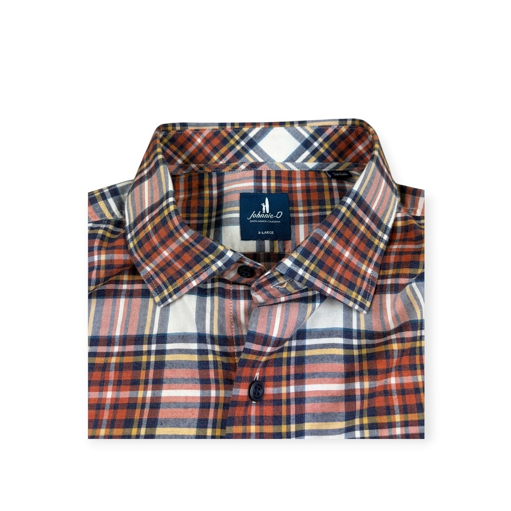 Johnnie-O Mens XL Plaid Button Down Shirt Orange Blue White Cotton Stretch L/S